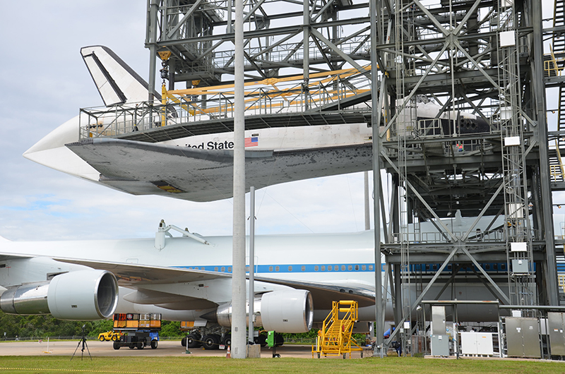 Space shuttle Endeavour mounted on 747 jet for final flight to L.A.