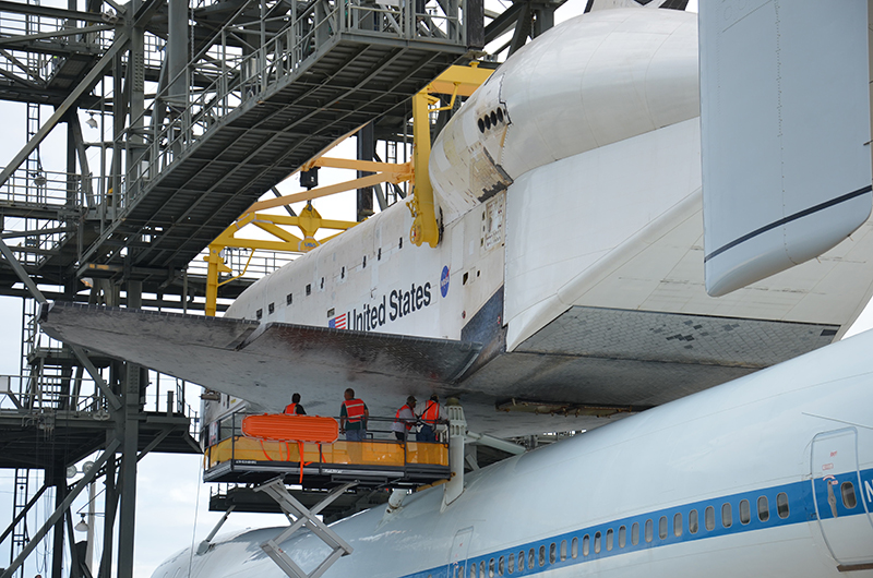 Space shuttle Endeavour mounted on 747 jet for final flight to L.A.